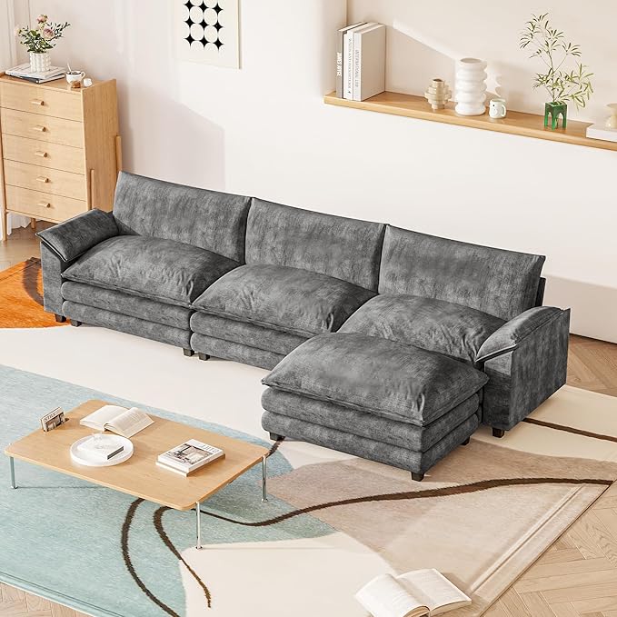 Furniwell Modular Sectional Sofa with Moveable Ottoman, Oversized 3-Seater Couch with Supportive Backrest, Chenille Convertible Sofa Couches for Living Room/Apartment (Grey, L Shaped)