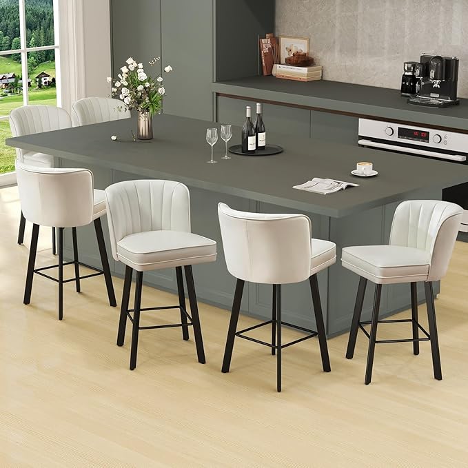 Swivel Counter Height Bar Stools Set of 3, 26'' Modern Barstools with Backs and Metal Legs, Upholstered Bar Chairs, Faux Leather White Stools for Kitchen Island Chairs