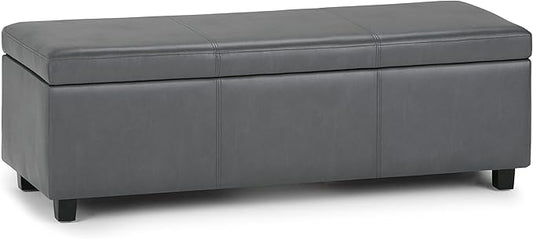 SIMPLIHOME Avalon Storage Ottoman Bench - 48 inch Wide Upholstered Vegan Leather Rectangular Lift-Top Ottoman in Stone Grey, Contemporary Storage Bench for Living Room with High-Density Foam