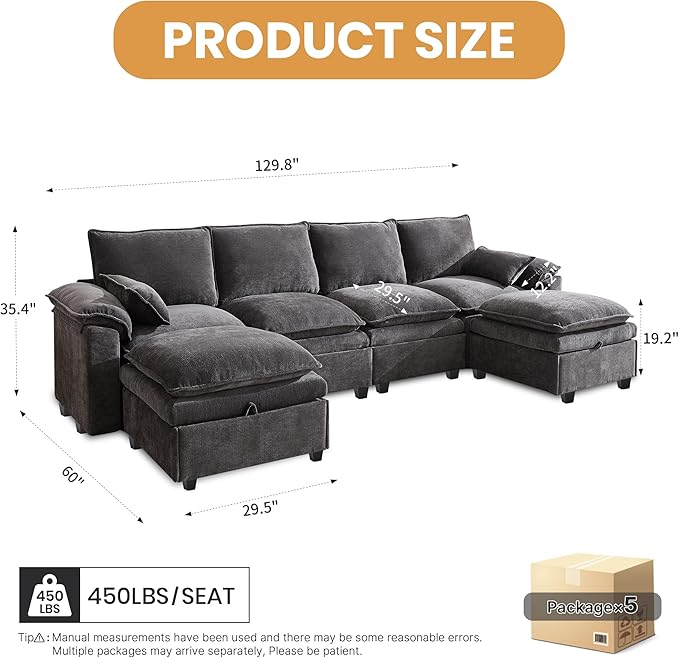 130" U Shaped Modular Sectional Sofa, Couch with Ottoman Storage, Chenille Cloud Couch with Plush Deep Seating for Living Room, Bedroom (6 Seat, Grey)