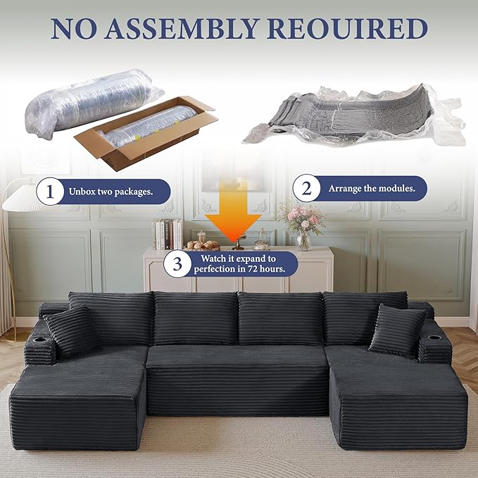 134''Oversized Modular Sectional Sofa Boneless Cloud Couch with Chaise Comfy Sectional Couches for Living Room,Bedroom,Apartment (Dark Grey, 134''W U-Shaped)