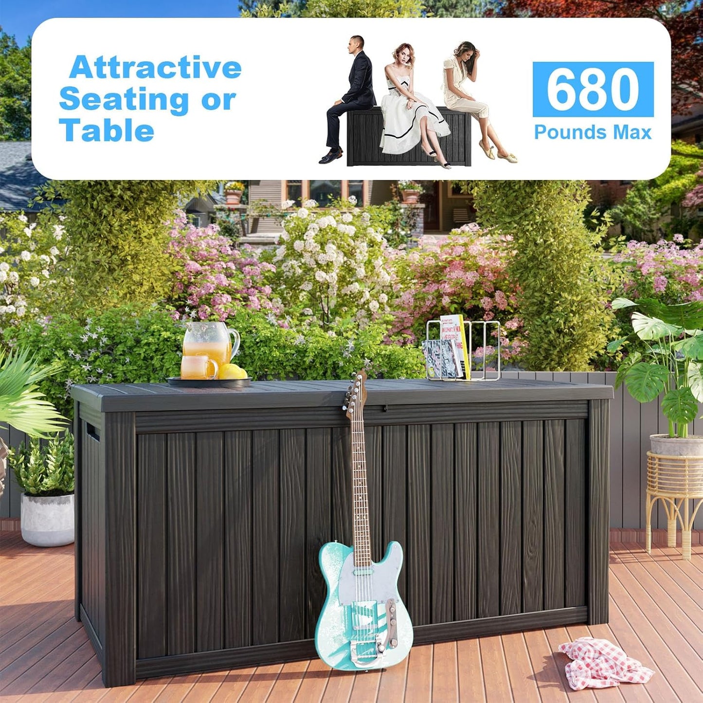 Vixzen 180 Gallon Resin Deck Box, Lockable Outdoor Storage Box for Patio Cushions Storage Furniture,Garden Tools, Pool Supplies, Weatherproof and UV Resistant- Black