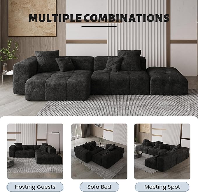 WJShome 158" Oversized Modular Sectional Sofa, L Shaped Couch with Ottoman,Sectional Couches for Living Room,Large Linen Deep Seat with Pillow Couches for Home,Spacious Space,Black