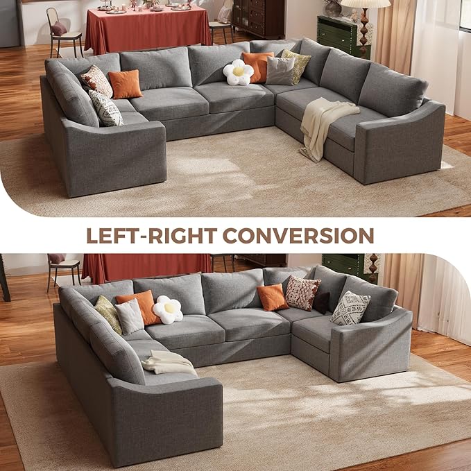 ABCASA Oversized 136" Modular Sectional Sofa, Deep Seat U Shaped Couches for Living Room, Breathable Linen Fabric Corner Couch, Easy to Assemble, Grey