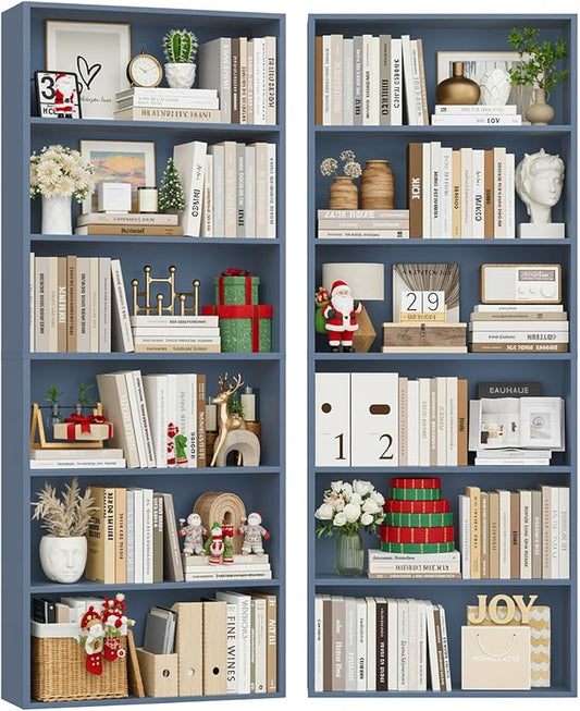 FOTOSOK 70.8" Tall Bookcase Shelf, 6 Tier Wide Bookshelf with Storage, Billy Bookcase Set of 2, Large Bookshelf for Living Room, Home Office,Blue