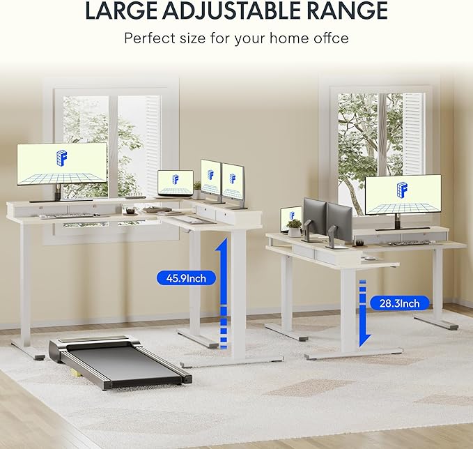 FLEXISPOT 63" L Shaped Standing Desk with Shelf Electric Corner Table, Drawers, Adjustable Computer Workstation for Home, Office,USB Charging Port, 63x55in, Light Maple Top + White Frame