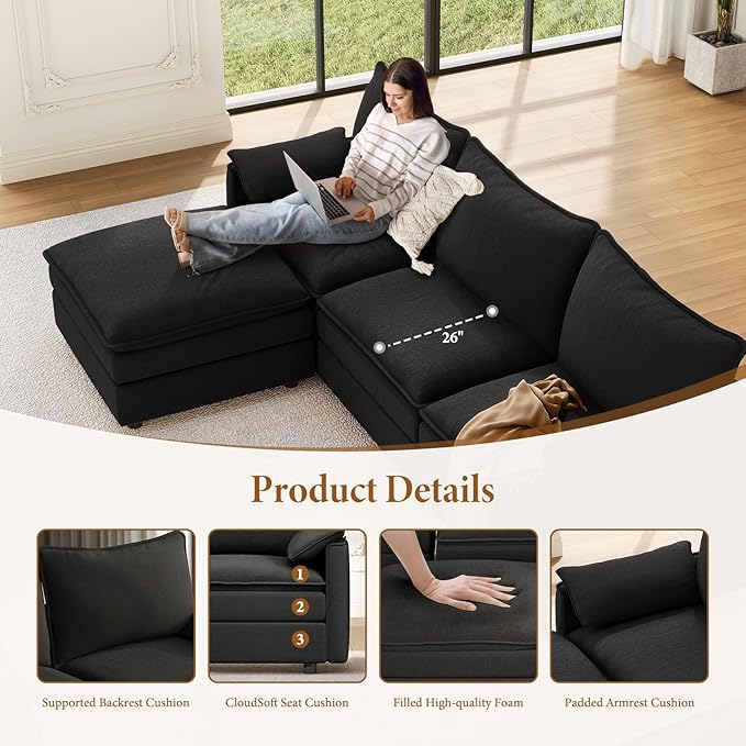 Vesgantti 108" Sectional Sleeper Sofa, 6-Seater Oversized Modular Cloud Couch with Movable Ottoman, Chenille Large Sofa Bed Convertible Deep Seat Couches for Living Room, Bedroom and Apartment, Black