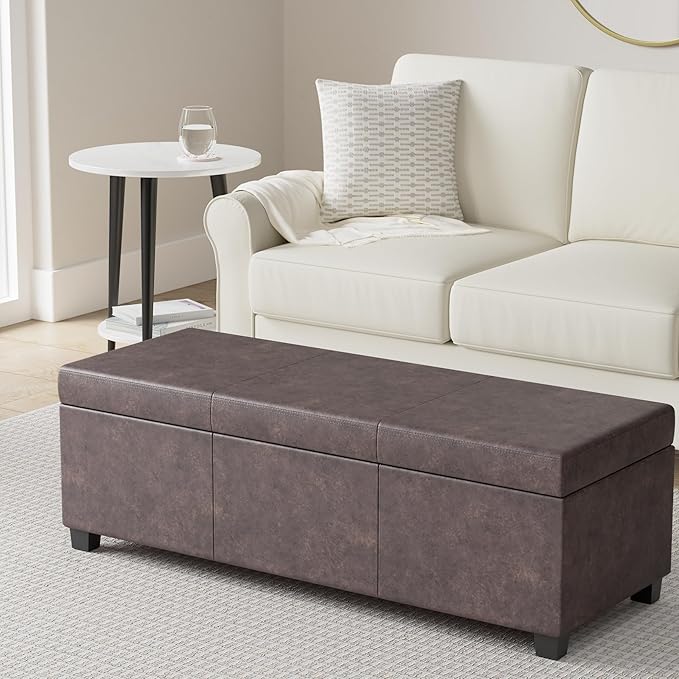 SIMPLIHOME Avalon Storage Ottoman Bench - 48 inch Wide Upholstered Vegan Leather Rectangular Lift-Top Ottoman in Distressed Brown, Contemporary Storage Bench for Living Room with High-Density Foam