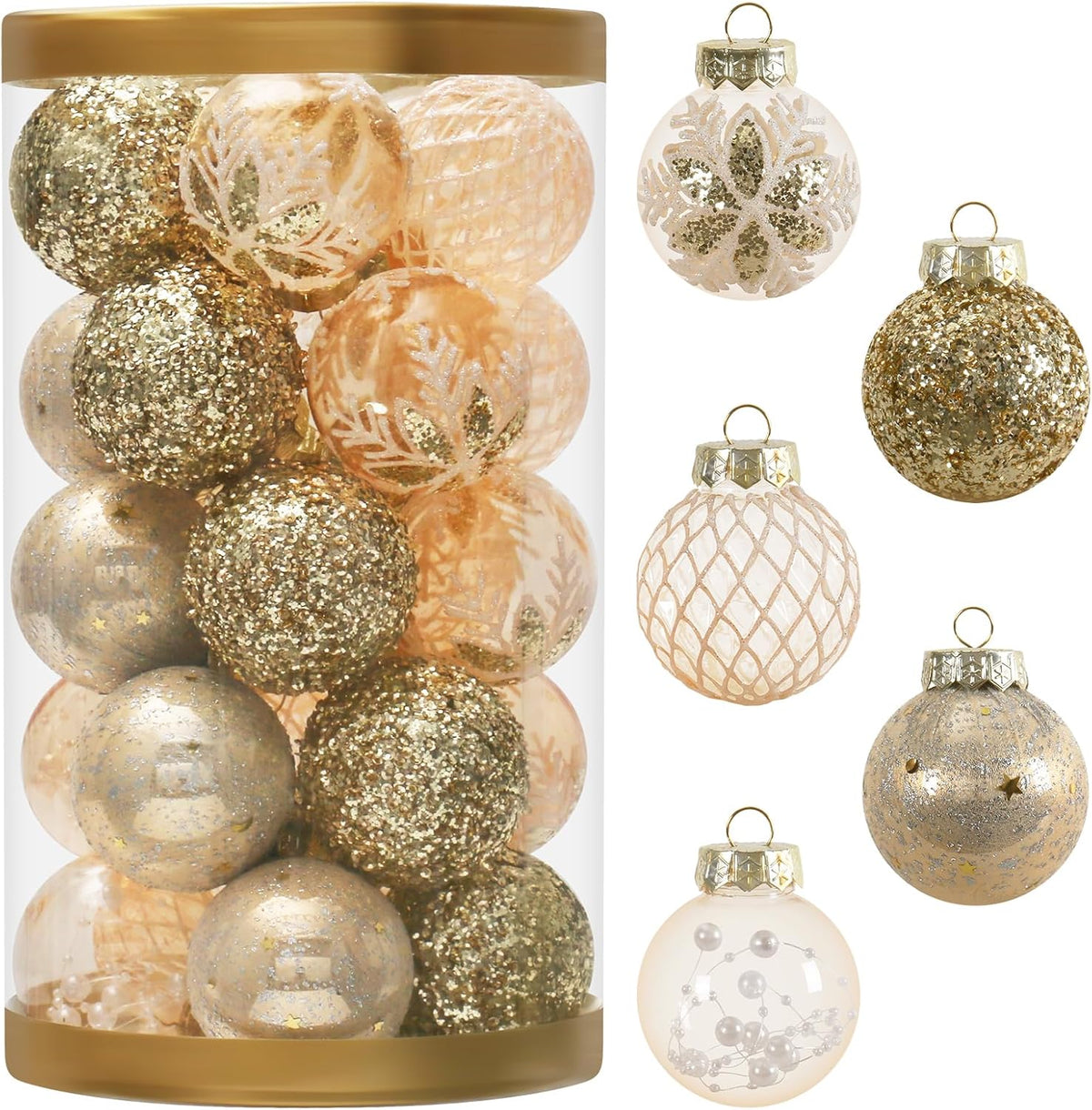 25PCS Christmas Ornaments Set, 2.36"/6CM Clear Plastic Shatterproof Christmas Ball Hanging Ornaments for Xmas Tree Decorations, for Indoor Home Party Holiday Decor - White/Champagne