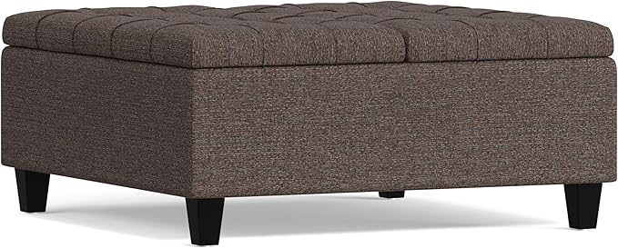 SIMPLIHOME Harrison 36 inch Wide Transitional Square Coffee Table Storage Ottoman in Mink Brown Tweed Look Fabric, Assembled, for the Living Room and Bedroom