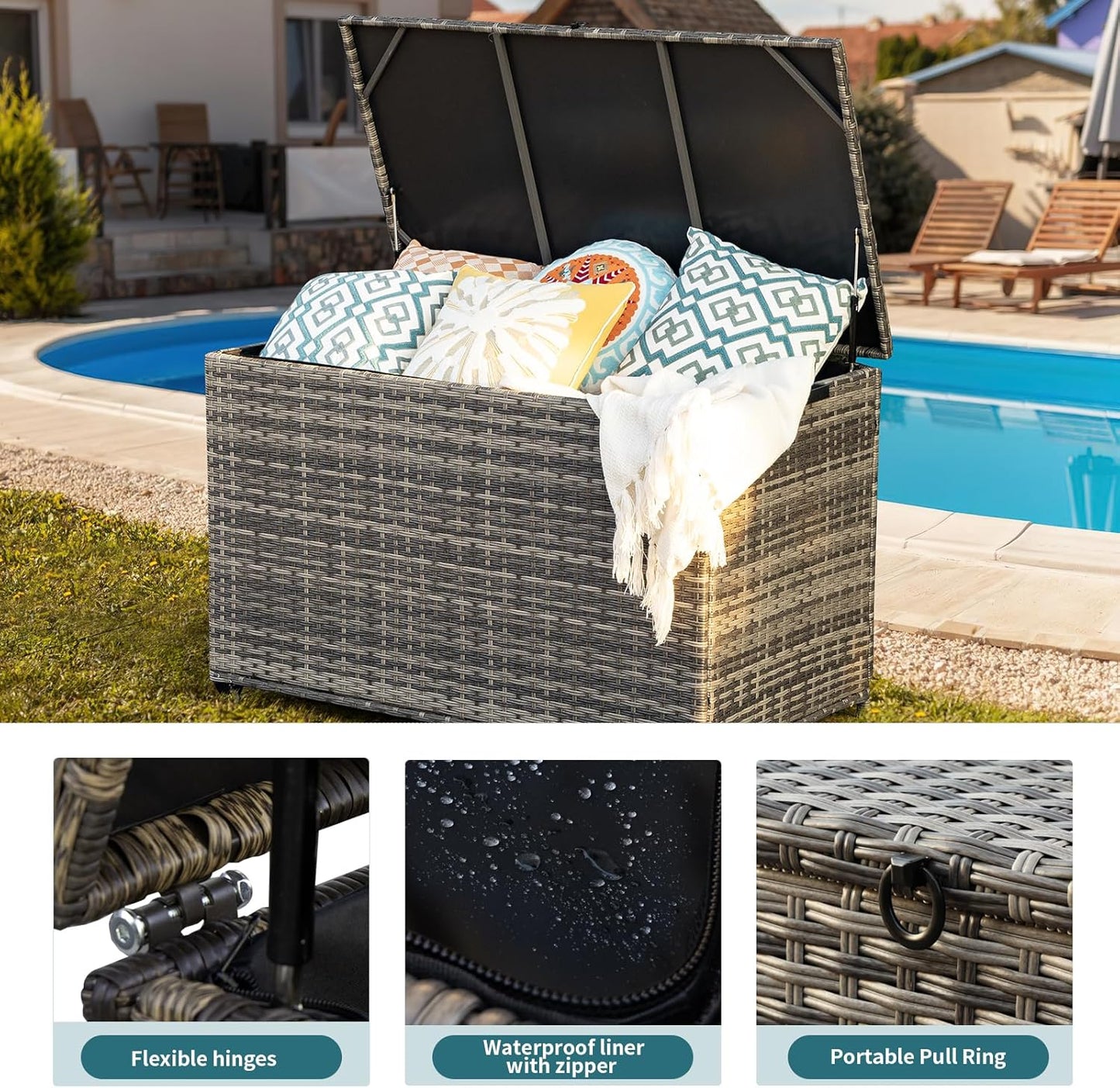 178 Gallon Outdoor Storage Box, Patio Deck Box with 2 Wheels, Handle Large Portable Wicker Rattan Deck Box for Patio Furniture Cushions, Throw Pillows, Garden Tools and Pool Floats (Gray)