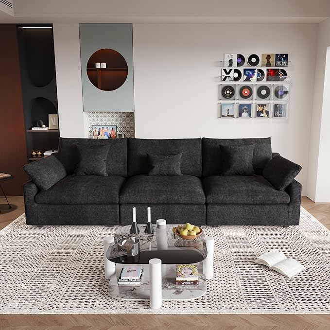 JACH Sectional Couches for Living Room, 3 Seater Cloud Sectional Couch with Deep Seat, Down Filled Modular Sofa, Covers Removeable & Washable, Sofas Furniture for Living Room, Black