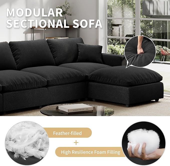Modern Sectional Linen Couch for Living Room V-Shape Sofas,6 Seat Modular Cloud Sofas with Ottoman,Couches Cushion Covers Removable,Cozy Feather Down Sofa for Apartment Black