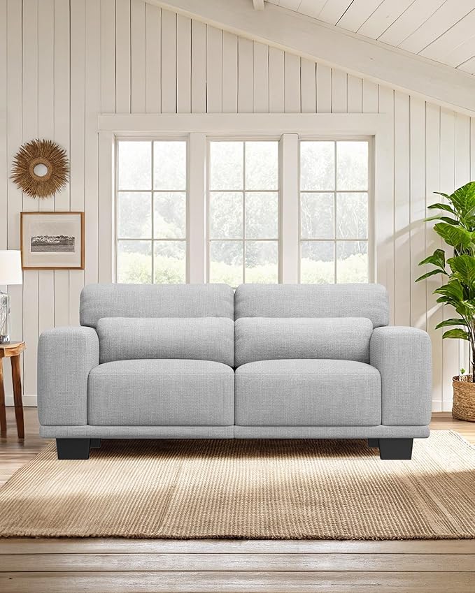 Marsail Modern 65 Inch Linen Fabric Sofa, 2-Seater Couch with Wide Armrests, Deep Cushions & Removable Washable Covers, Comfortable Living Room Furniture, Grey