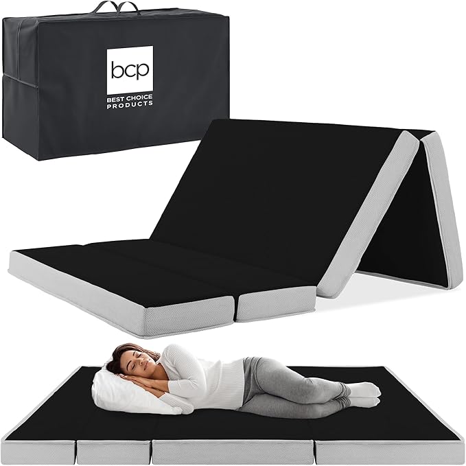 Best Choice Products 4in Portable Queen-Size Mattress, Tri-Fold Mattress for Camping, Guest, Toddler, Foam Plush w/Carry Case - Onyx Black