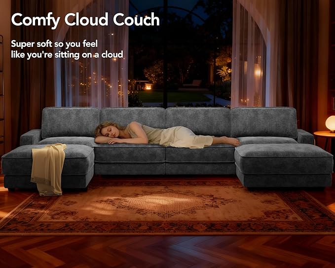 Sunny Heart 160" U-Shaped Modular Sectional Sofa, Oversized Cloud Couch with Movable Ottoman, 6-Seat Chenille Deep Seat Sofa with Pillow, Sectional Couches for Living Room, Apartment, Dark Grey