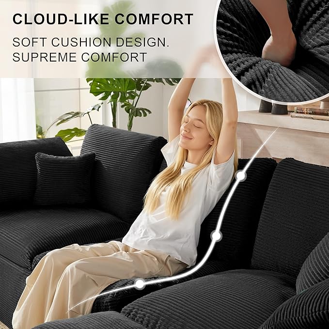 112" Cloud Sectional Couch, Boneless Couches for Living Room, U Shaped Couch with Convertible Ottoman, Modular Sectional Sofa with Deep Seat, Comfy Soft Cushions, No Assembly, Black