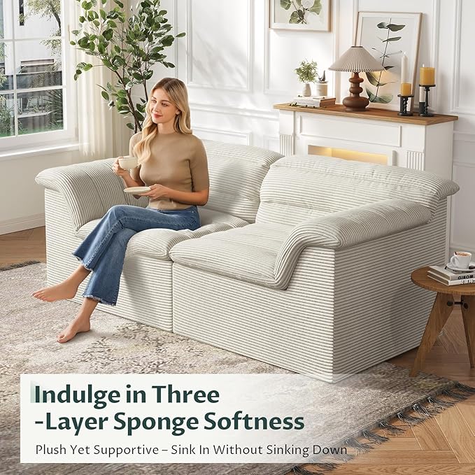 88" Sofa with Deep Seats Oversize, 3 Seater Cloud Couches, Upholstered Corduroy Couch for Living Room Bedroom, No Assembly Required, Beige