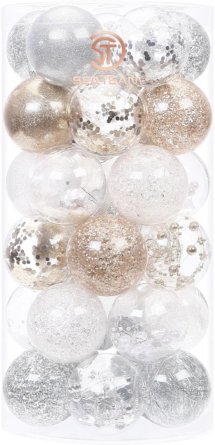 Sea Team 60mm/2.36" Shatterproof Clear Plastic Christmas Tree Ball Ornaments Set, Decorative Hanging Transparent Xmas Baubles with Stuffed Delicate Decorations (30 Counts, Champagne, Silver, White)
