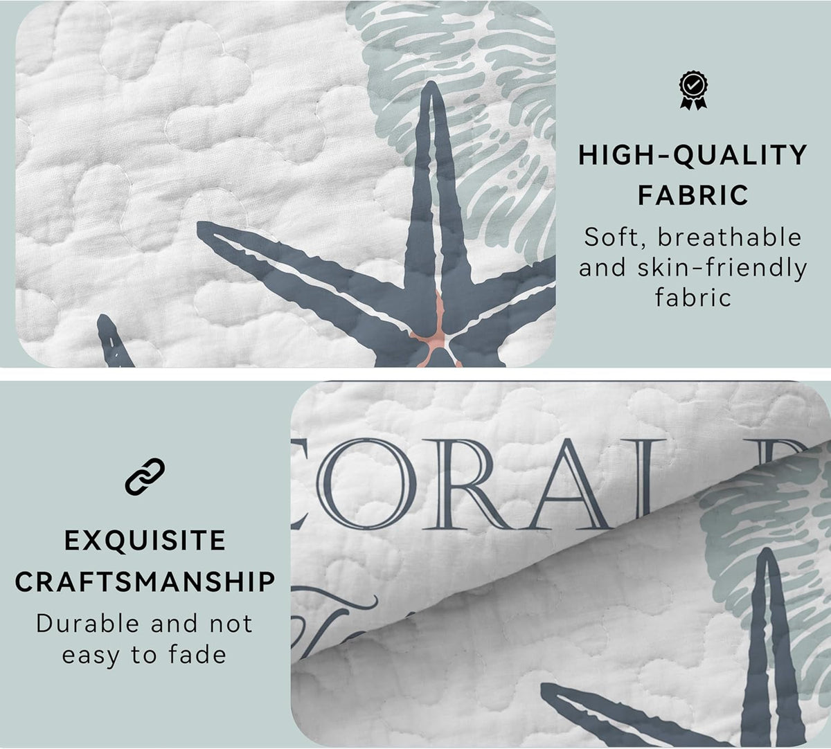 Coastal Bedding Queen Size with 2 Shams, Nautical Beach Comforter Sets Ocean Bedspreads Coastal Coverlet Summer Bedding, 90''x96''