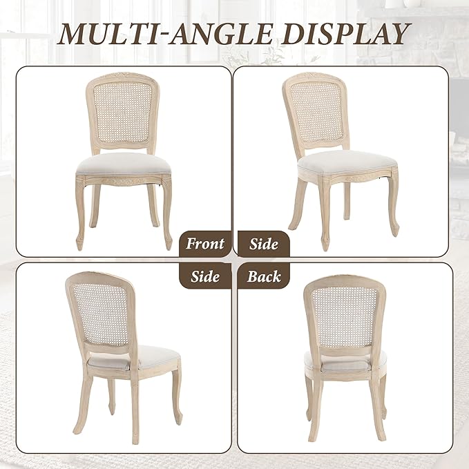 Wicker Dining Chairs Set of 4, Upholstered Linen Fabric Dining Room Chairs with Square High Rattan Back Farmhouse French Kitchen Chairs for Dining Table/Living Room/Restaurant, White