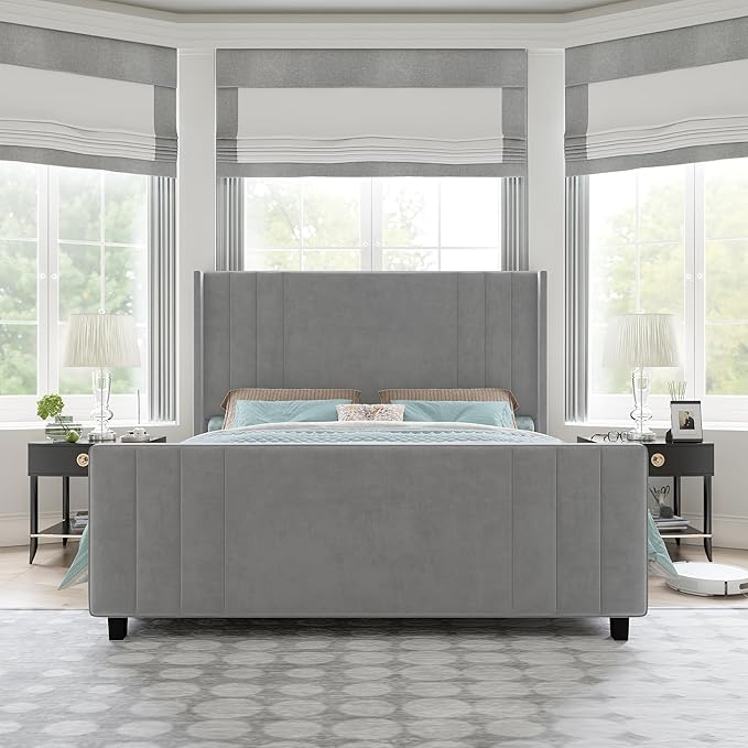 AMERLIFE Queen Size Bed Frame, Velvet Upholstered Platform Bed with Vertical Channel Tufted Headboard & Footboard/Wingback, Mattress Foundation with Wood Slats, No Box Spring Needed, Light Grey