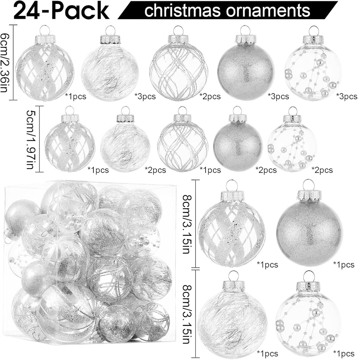 Clear Christmas Ball Ornaments,24ct Shatterproof Plastic Decorative Christmas Ornaments Hanging Xmas Tree Baubles Set with Stuffed Delicate Glittering Decorations for Holiday Party Home Decor (Silver)