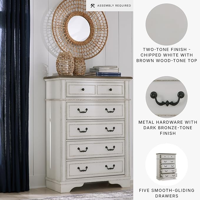 Signature Design by Ashley Blendon Traditional 5-Drawer Chest of Drawers with Safety Stop, White & Dark Brown