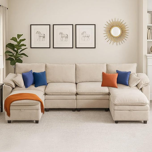 130" U Shaped Modular Sectional Sofa, Couch with Ottoman Storage, Chenille Cloud Couch with Plush Deep Seating for Living Room, Bedroom (6 Seat, Beige)