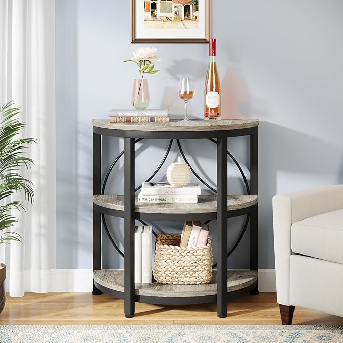 Tribesigns Half Round End Table for Living Room, 3-Tier Half Side Table with Metal Frame, Industrial Half Moon Table with Storage Shelves, Half Circle Accent Table for Entryway, Bedroom, Grey