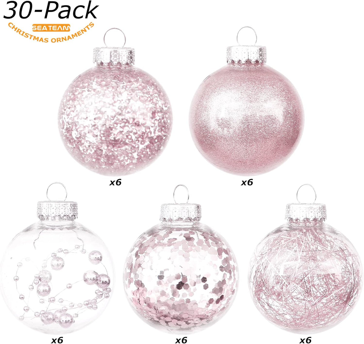 Sea Team Shatterproof Clear Plastic Christmas Ball Ornaments Decorative Xmas Balls Baubles Set with Stuffed Delicate Decorations (60mm/2.36 inch 30-Pack, Pinkish Gold)