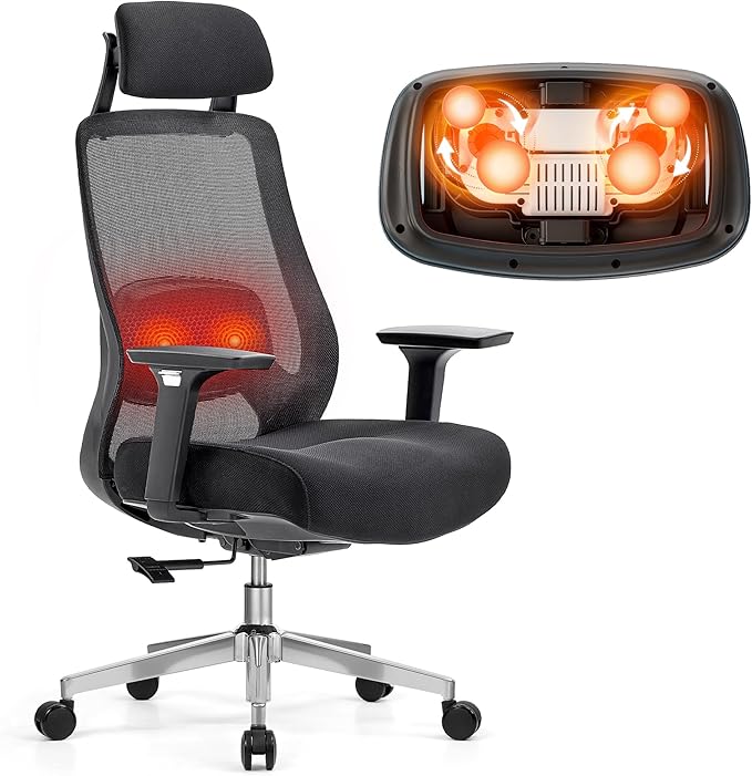 FLEXISPOT MasterEase Massage Office Chair, High Back Ergonomic Desk Chair with Adjustable Headrest, 3D Armrests, 2D Lumbar Heated Massage, 4-Position Recline, Foam Seat, Black