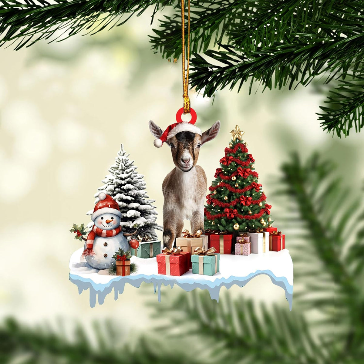 Talataca Goat 2D Flat Christmas Ornament, Goat Gift Boxes Pine Tree Decor, Hanging House Charm Eve Keepsake, Car Rear View Mirror Accessories, Xmas Gift