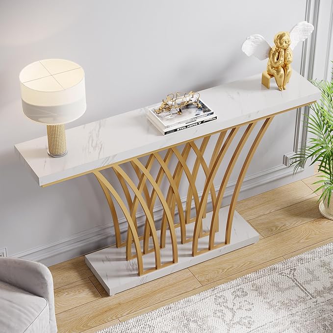 LITTLE TREE Narrow Entryway Console Table,Faux Marble White+Gold