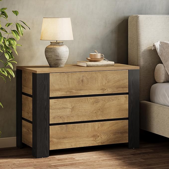 Tribesigns 36" Wide Nightstand Set of 2, Extra Large Night Stand with 3 Drawers, Oversized Nightstand Bedside Table for Bedroom, Farmhouse Side End Table with Storage, Natural