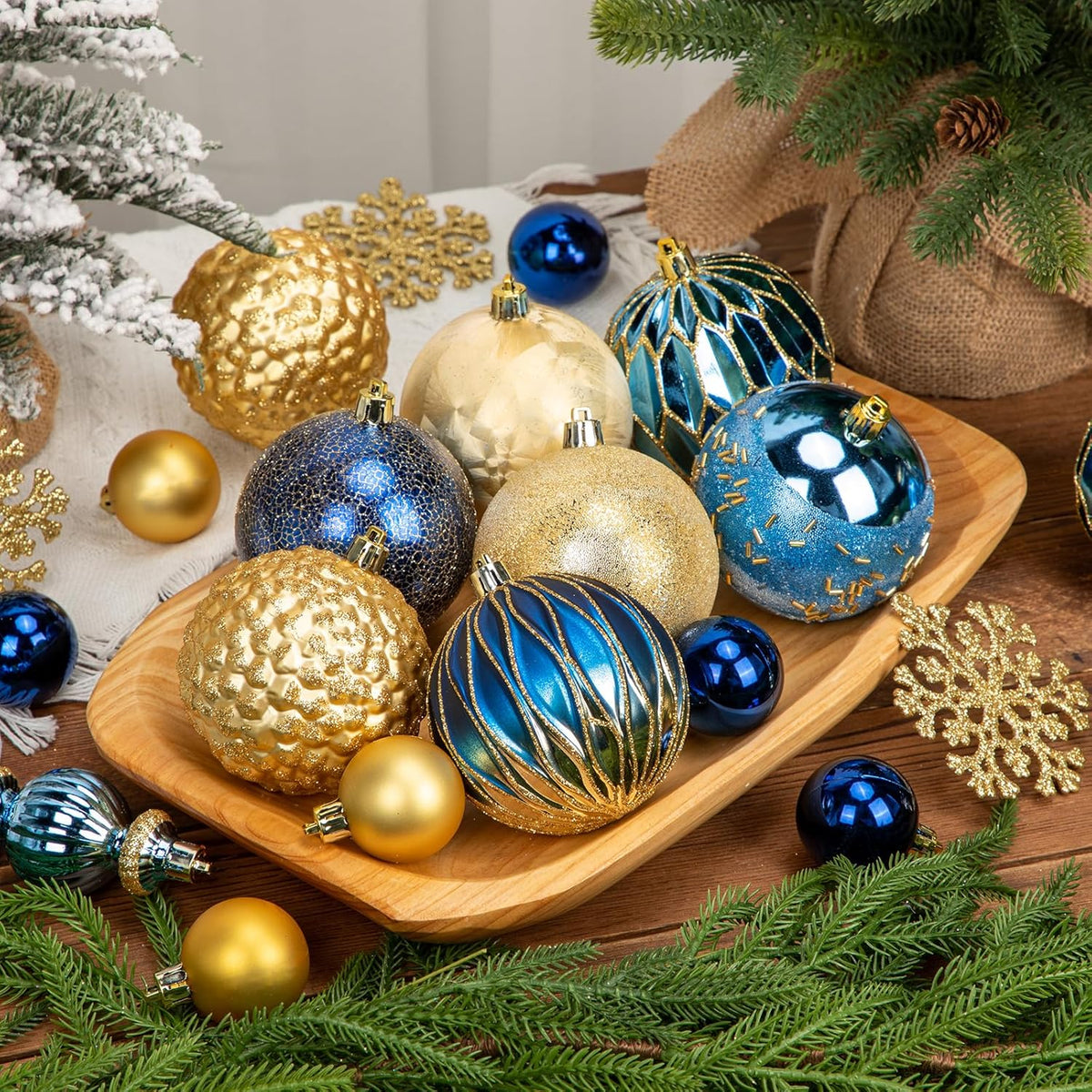 92ct Christmas Tree Decoration Set Christmas Ball Ornaments with Srtings Shatterproof Christmas Baubles for Christmas Holiday Wreath Garland Party Decoration, Blue-Gold