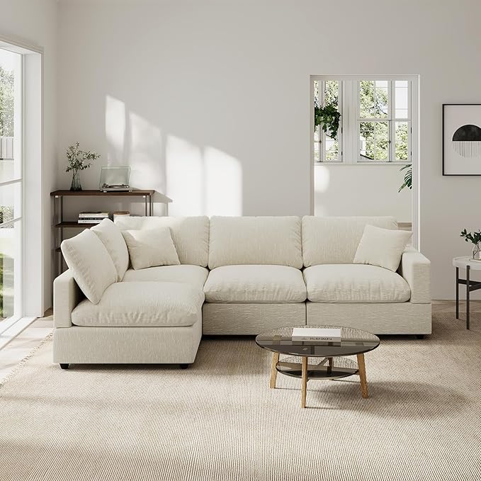 Modern Sectional Linen Couch for Living Room L-Shape Sofas,4 Seat Modular Cloud Sofas,Detachable Couch Cushion Covers,Cozy Feather Down Sofa for Apartment Beige