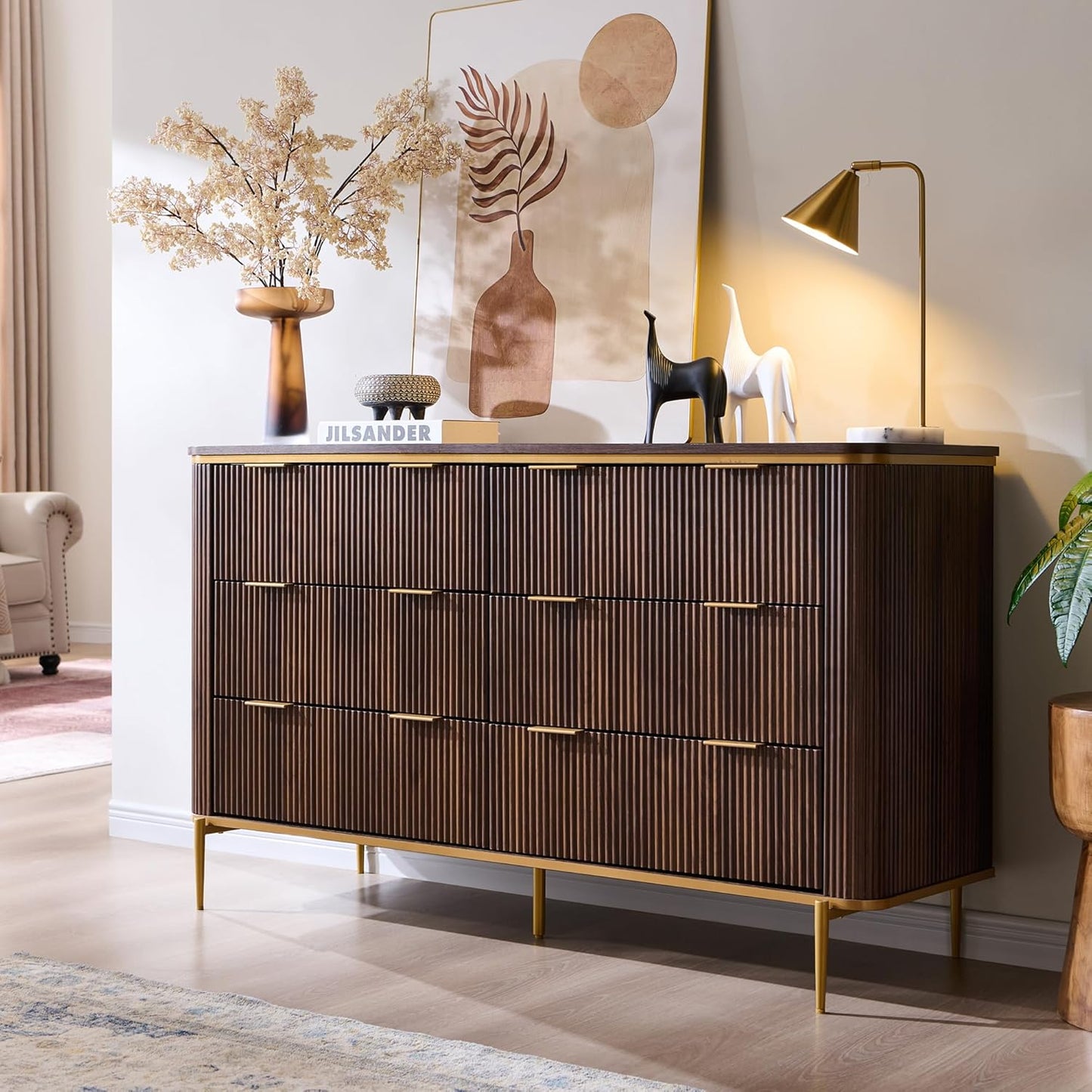 T4TREAM Fluted 6 Drawers Dresser for Bedroom, 54" Wide Modern Dresser TV Stand, Gold Accents, Fluted Fronts, Wood Storage Dressers Organizer for Bedroom, Living Room, (Dark Walnut)