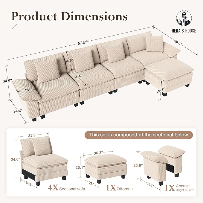 HERA'S HOUSE 158" Modular Sectional Sofa, Oversized L Shaped Couches for Living Room, Comfy Cloud Couch with Ottoman, 5-Seater Deep Seat Sofa with Throw Pillow, Corduroy Beige