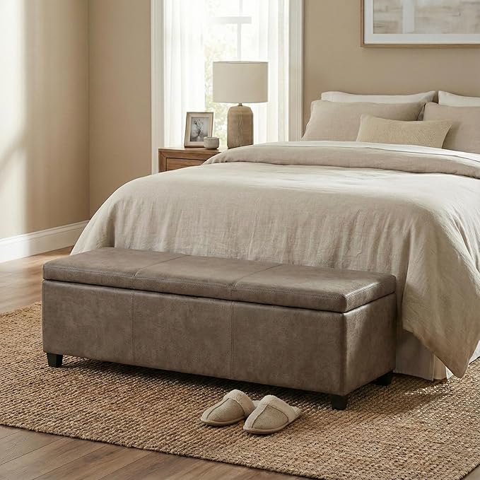 SIMPLIHOME Avalon Storage Ottoman Bench - 48 inch Wide Upholstered Vegan Leather Rectangular Lift-Top Ottoman in Distressed Smoky Grey Brown, Transitional Bench for Living Room with High-Density Foam