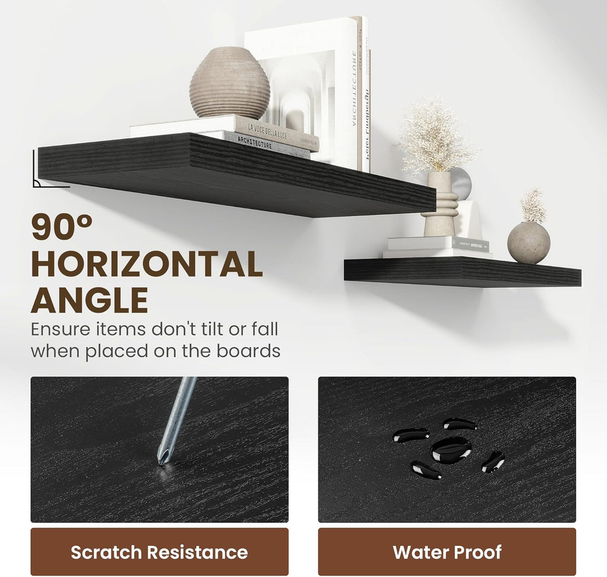 36 Inch Floating Shelves, 12 Inch Deep Floating Shelves for Wall, Floating Shelf with Invisible Brackets, Deep Shelves for Bathroom, Bedroom, Living Room, 2 Pack, Black
