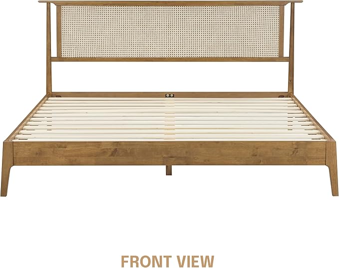 NTC Ruby Wooden Bed Frame with Headboard and Natural Rattan, Solid Oak Foundation with Silent Slats, 1000 Lb Capacity, Effortless Assembly, King - Teak Look