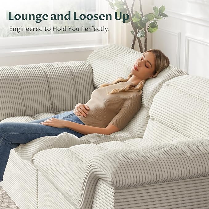 88" Sofa with Deep Seats Oversize, 3 Seater Cloud Couches, Upholstered Corduroy Couch for Living Room Bedroom, No Assembly Required, Beige