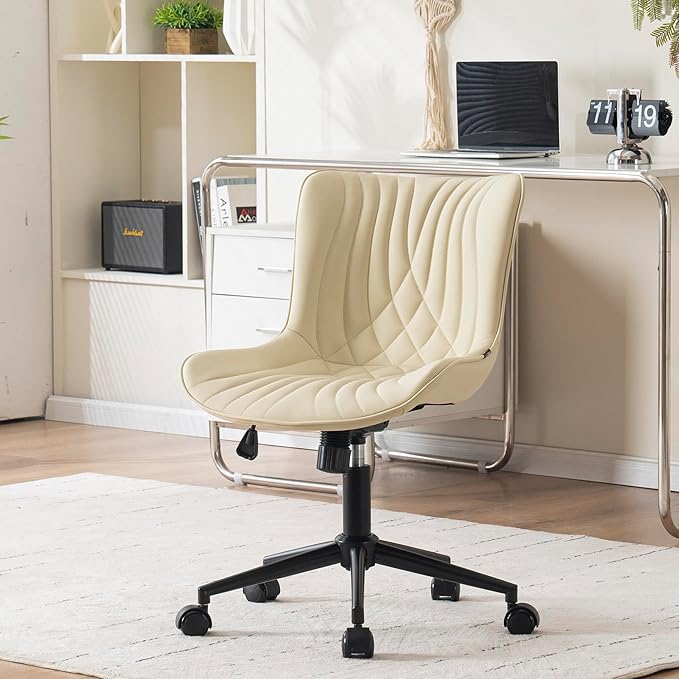 YOUNIKE Office Chair, Armless Desk Chair with Wheels, Adjustable Swivel Home Office Computer Task Chairs, Modern Faux Leather Padded Vanity Chair with Back, Beige