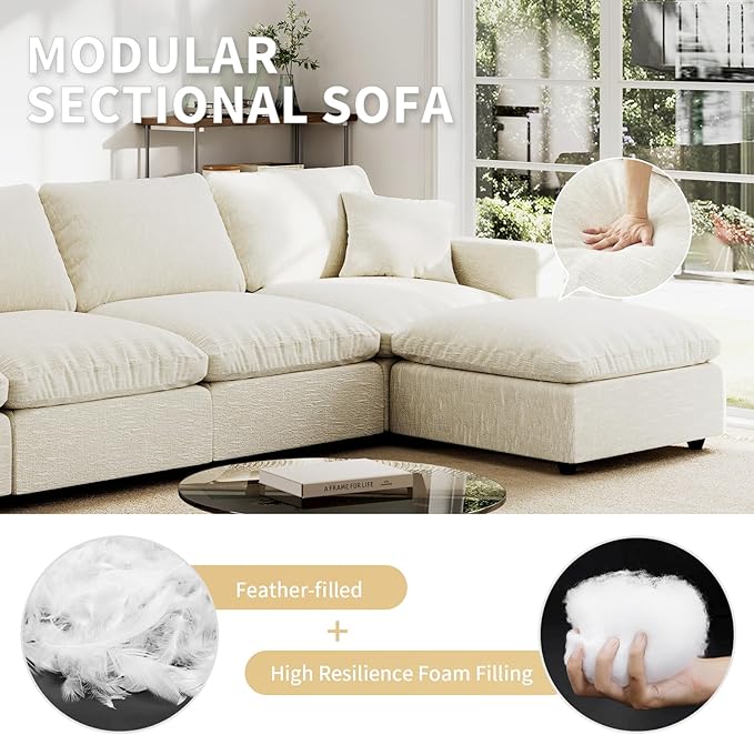 Modern Sectional Linen Couch for Living Room,4 Seat Modular Cloud Sofas,Detachable Couch Cushion Covers,Cozy Feather Down Sofa for Apartment Beige
