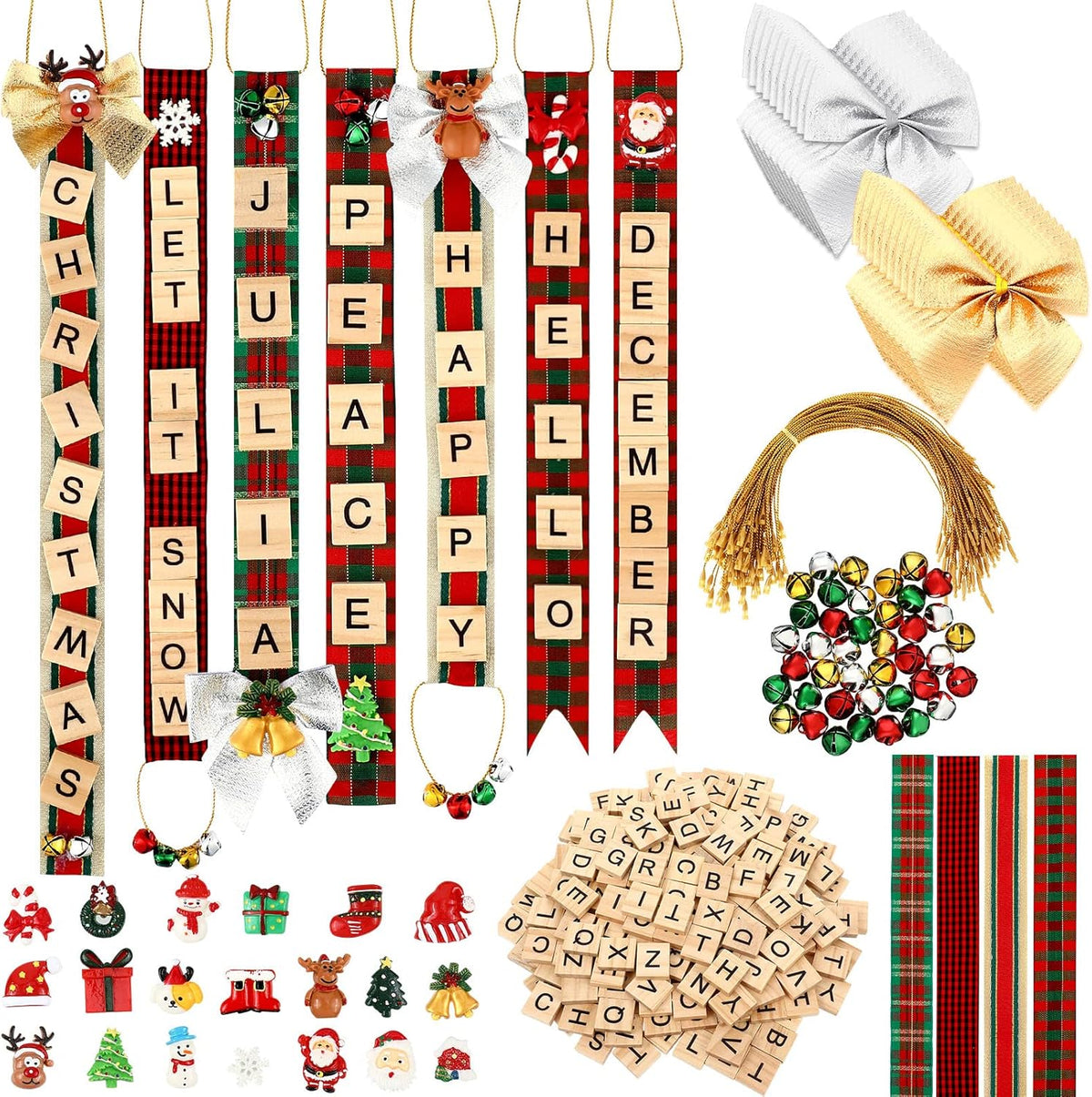 Marsui 452 Pcs Personalized Christmas Craft Kits DIY Christmas Ornaments for Adults Letter Tiles Bells Rustic Stockings Name Tags for Xmas Tree Decorations or Wreath