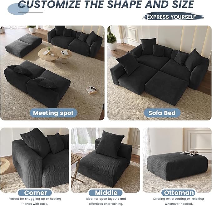 Oversized Modular Sectional Sofa with Ottomans,8 Seater Corduroy V Shaped Reversible Corner Couch,181.73" Convertible Sofa & Couch Free Combination for Living Rooom,Black