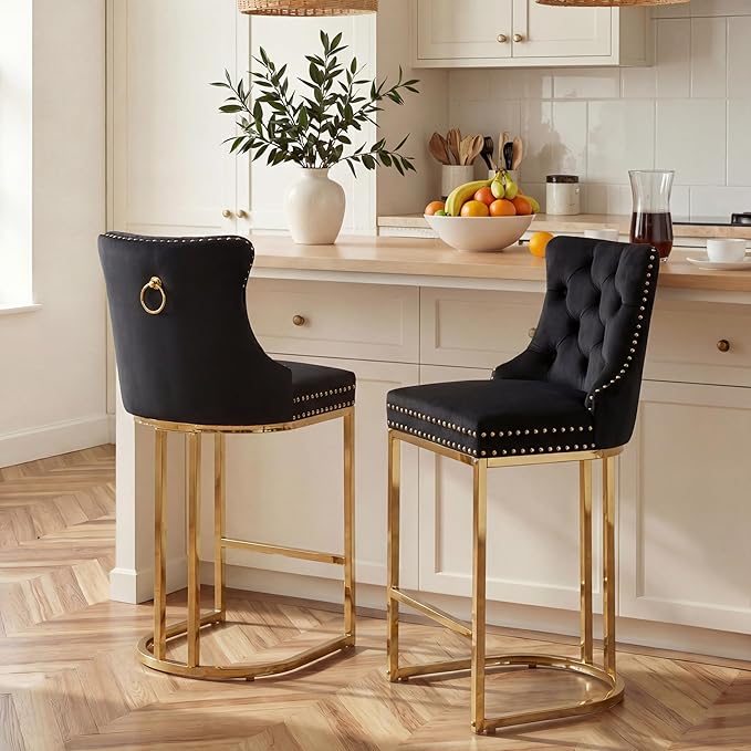 Counter Height Bar Stools Set of 2 for Kitchen Island, Modern Bar Stools with Backs, 26 Inch Barstools with Upholstered Velvet Seat and Metal Frame, Black