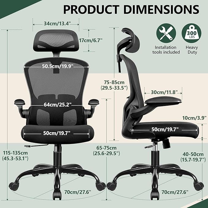 FelixKing Office Chair Ergonomic Desk Chair with Headrest, High Back Computer with Adjustable Lumbar Support and Wheels,Executive Swivel Comfy with flip-up Armrests for Home Office