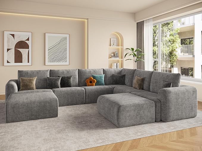 EASE MOOSE Oversized Sectional Cloud Couch, 8-Seat Modular Couch Set, Corner V-Shaped Deep-Seat Boneless Sofa, No-Assembly Chenille Sofa for Living Room, Light Grey